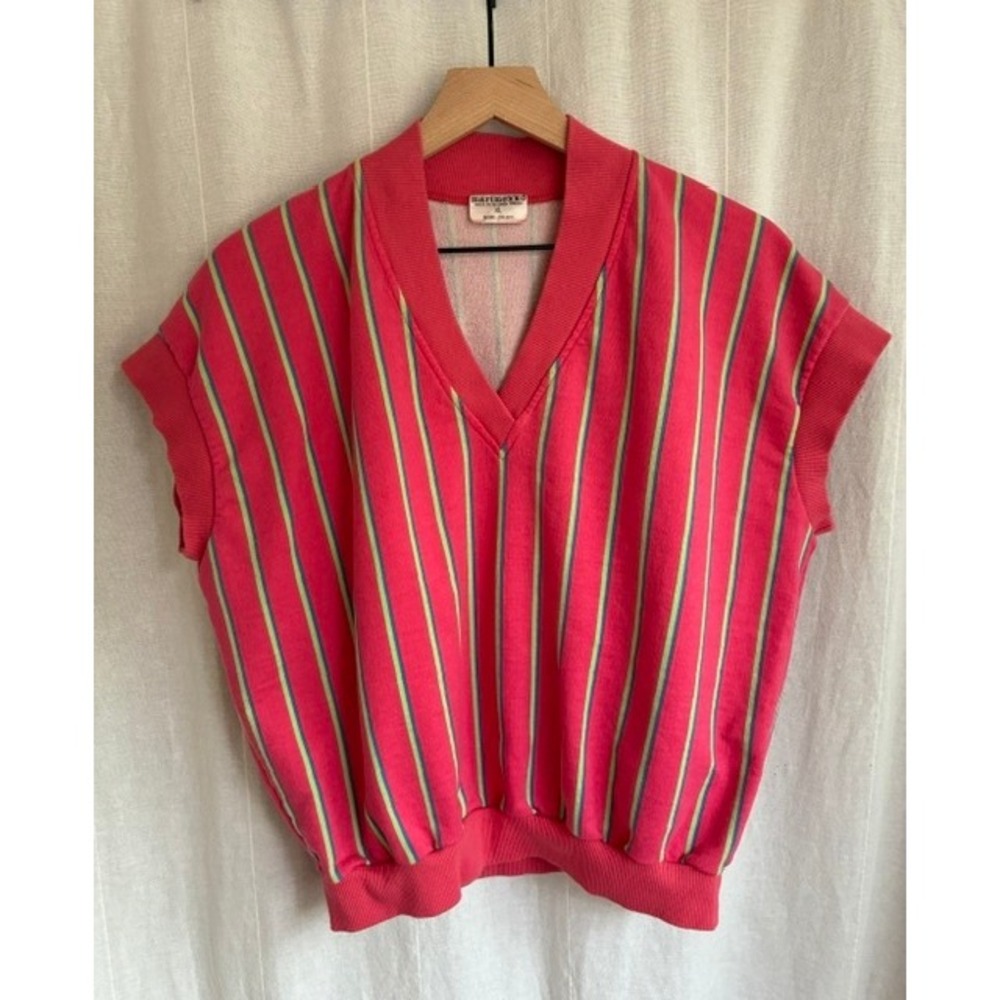 Vintage 80s Marimekko Suomen Trikoo Striped V-Neck Short Slv XL Made in Finland